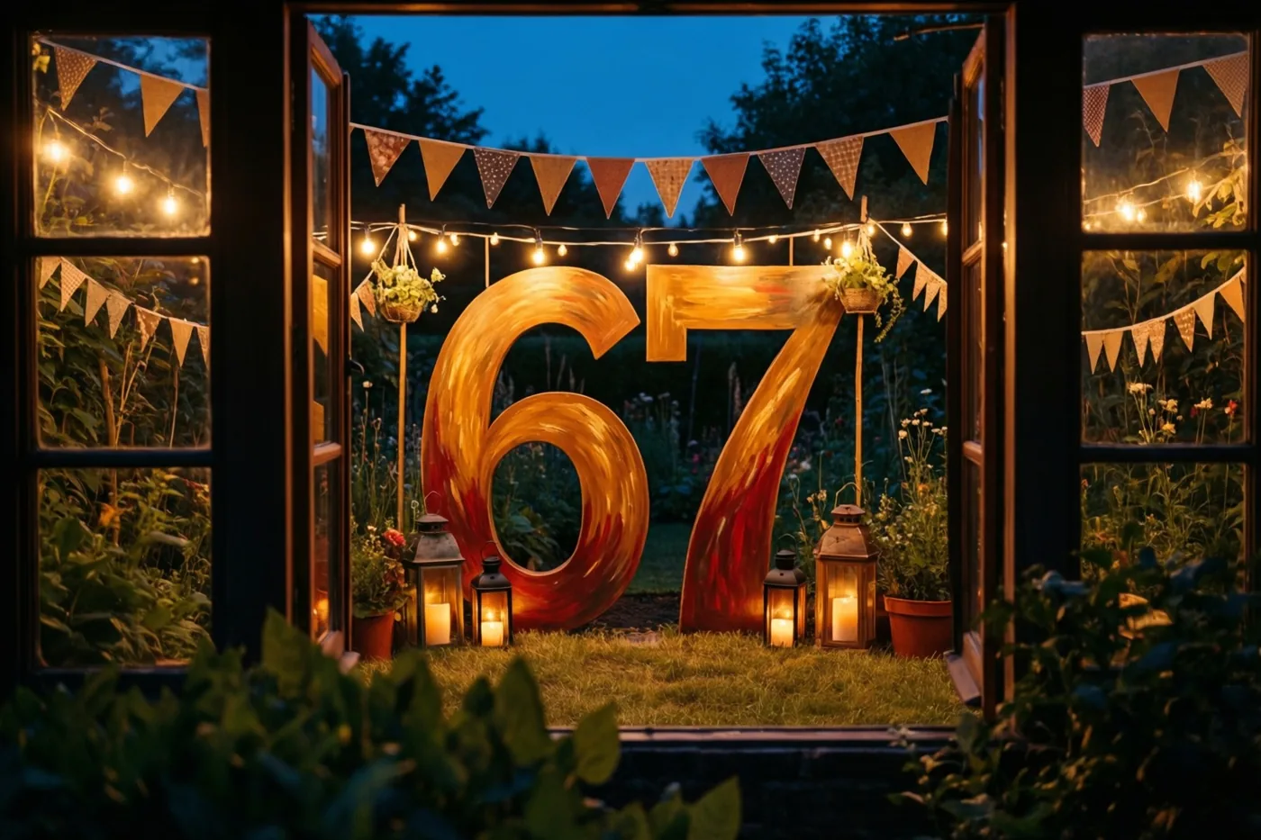 Door een open raam is een tuinfeest te zien met een groot beschilderd houten getal 67, lichtslingers, vlaggetjes en lampionnen in de schemering.