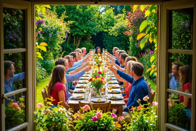 Door een open raam zijn gasten van achteren te zien die hun glazen heffen aan een lange houten tuintafel, omringd door groen en kleurrijke bloemen in fel zonlicht.