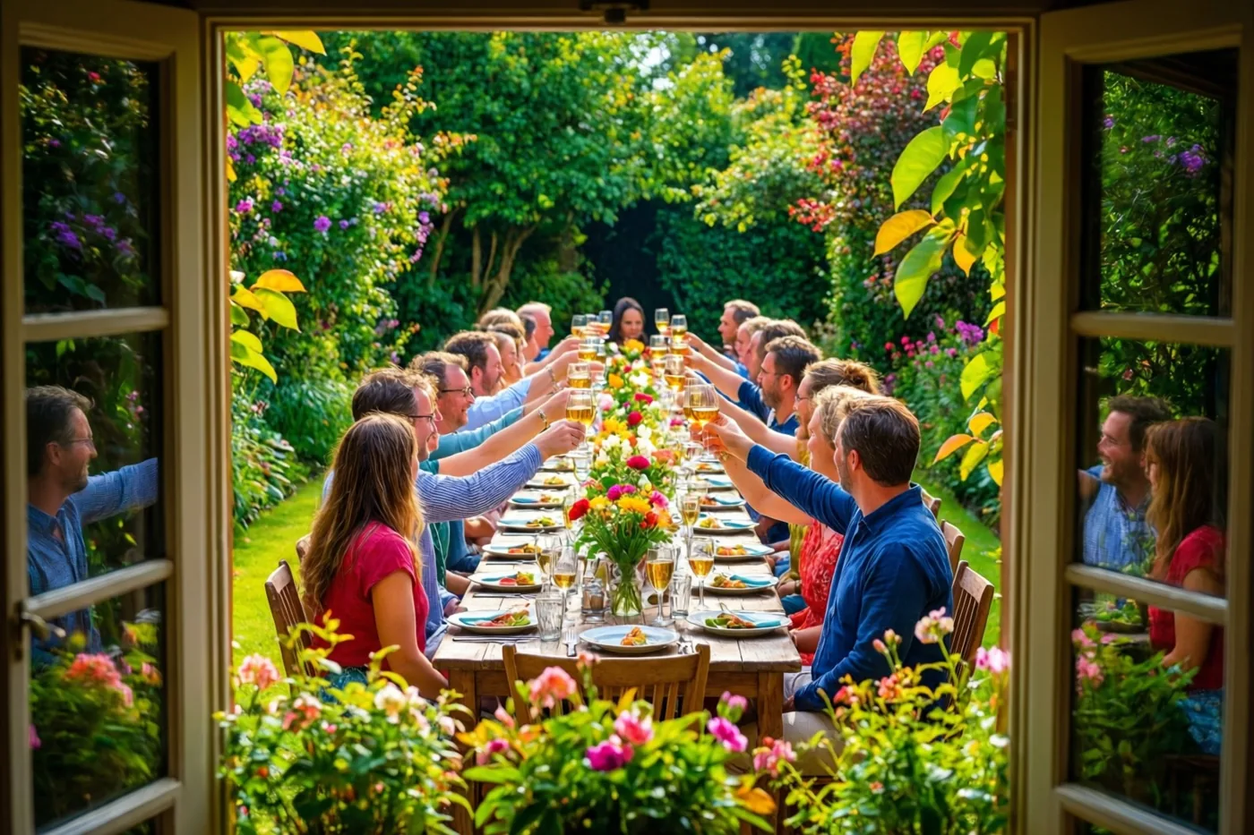 Door een open raam zijn gasten van achteren te zien die hun glazen heffen aan een lange houten tuintafel, omringd door groen en kleurrijke bloemen in fel zonlicht.