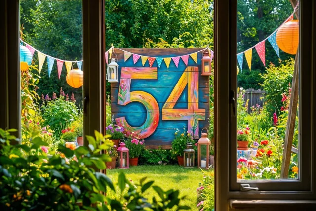 Door een raam is een tuinfeest te zien met een groot beschilderd houten bord met 54, kleurrijke vlaggetjes en papieren lantaarns tussen groen en bloemen.