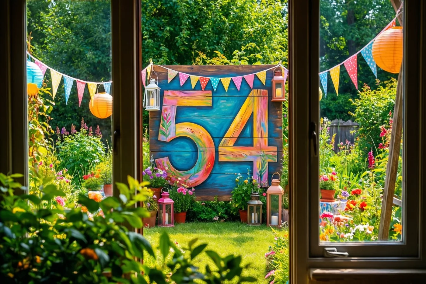 Door een raam is een tuinfeest te zien met een groot beschilderd houten bord met 54, kleurrijke vlaggetjes en papieren lantaarns tussen groen en bloemen.