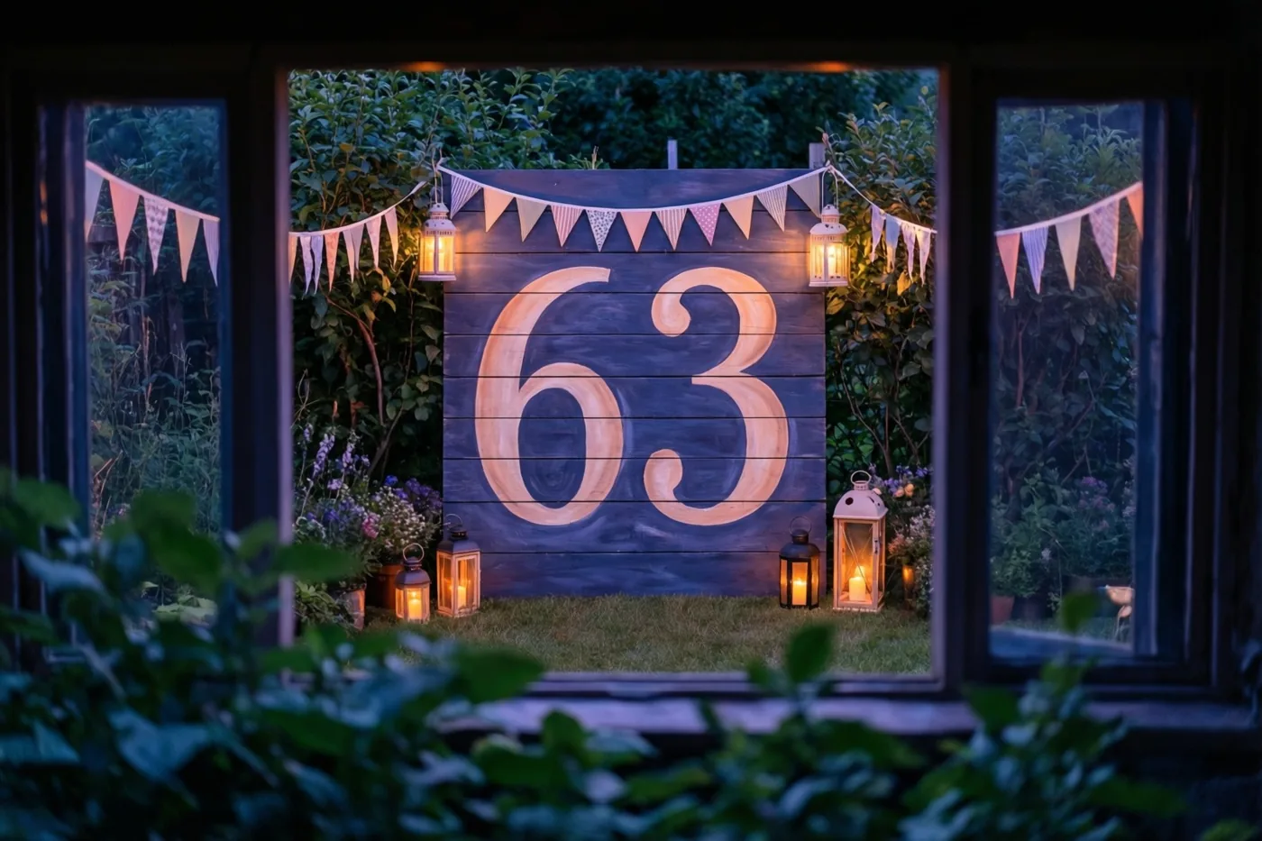Door een raam is een tuin bij schemering te zien met een groot houten bord met 63, vlaggetjes, lantaarns en groen in warm licht.
