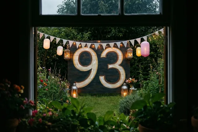 Door een raam is een tuinfeest te zien met een groot houten bord met 93, vlaggetjes en hangende lantaarns.