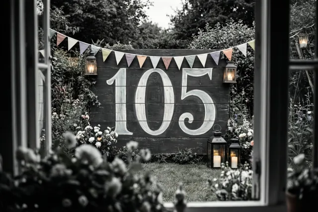 Door een raam is een tuinfeest te zien met een groot houten bord met het getal 105, in zwart-wit met gekleurde lampions en vlaggetjes.