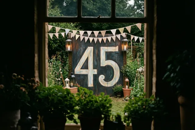 Door een raam is een tuin te zien met een groot houten bord met 45, lantaarns, vlaggetjes en groen.