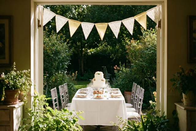 Door een open deuropening is een tuintafel met wit tafelkleed en een taart met meerdere verdiepingen te zien, onder een witte en gouden vlaggenlijn en omringd door groen.
