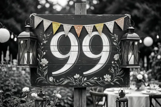 Een zwart-witfoto toont een houten bord met 99 en bloemmotieven, met vlaggetjes en hangende lantaarns in een tuin waar achteraan tafels en bloemen staan.
