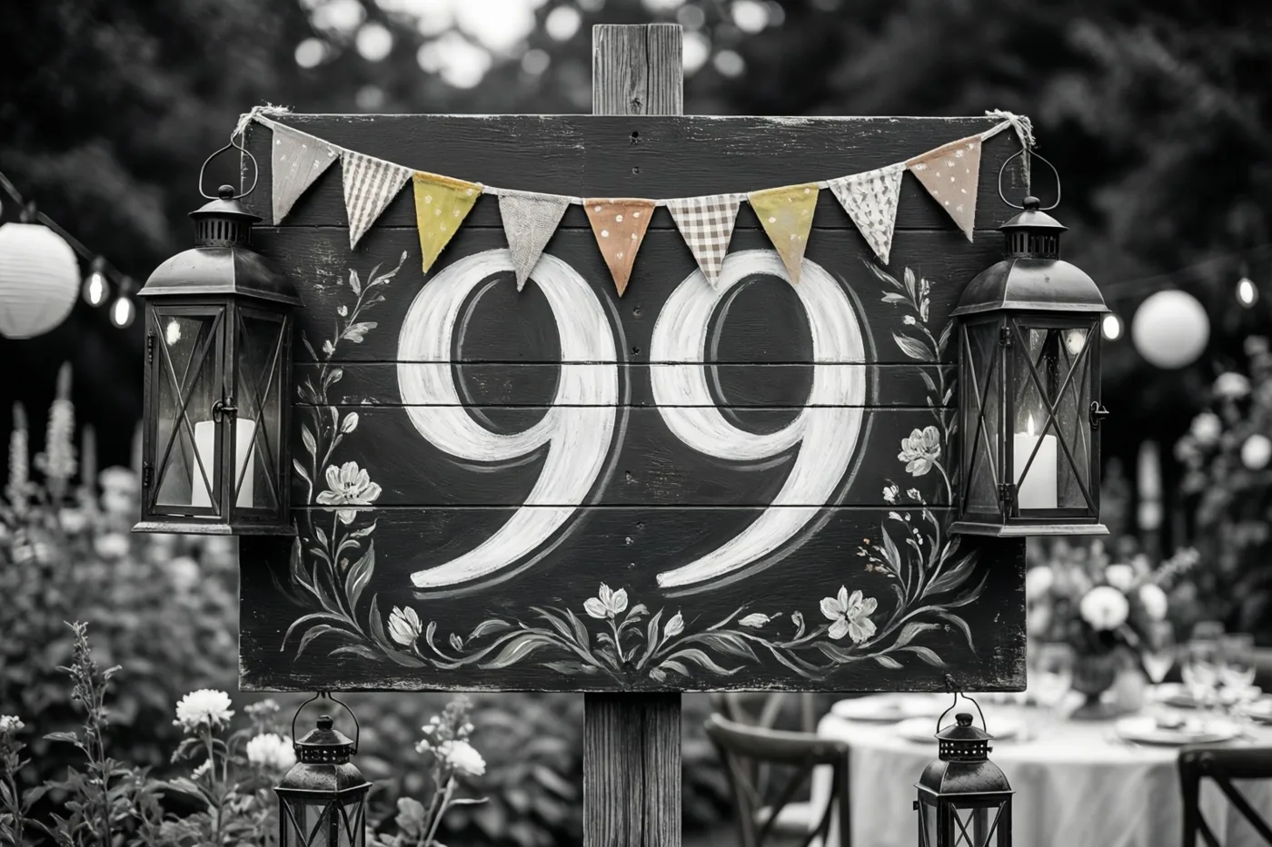 Een zwart-witfoto toont een houten bord met 99 en bloemmotieven, met vlaggetjes en hangende lantaarns in een tuin waar achteraan tafels en bloemen staan.