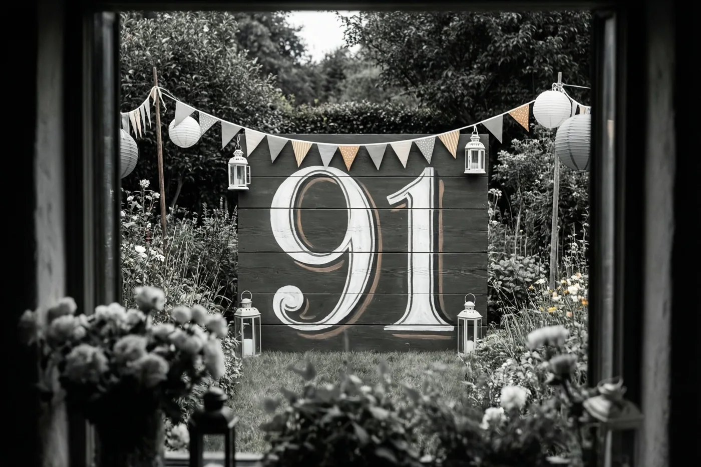 Een zwart-witfoto toont door een raam een tuinfeest met een groot houten bord met 91, vlaggetjes, lantaarns, bloemen en bladeren.