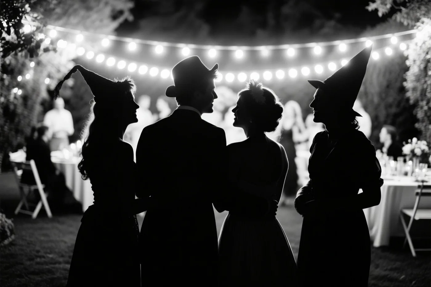 Een zwart-witfoto toont vanop afstand de silhouetten van vier vrienden in halloweenkostuums op een tuinfeest onder lichtslingers.