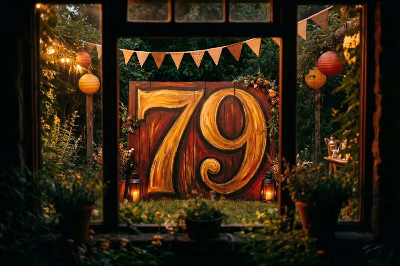 Door een raam is een tuinfeest te zien met een groot houten bord met het getal 79, vlaggetjes, lantaarns en kaarslicht.
