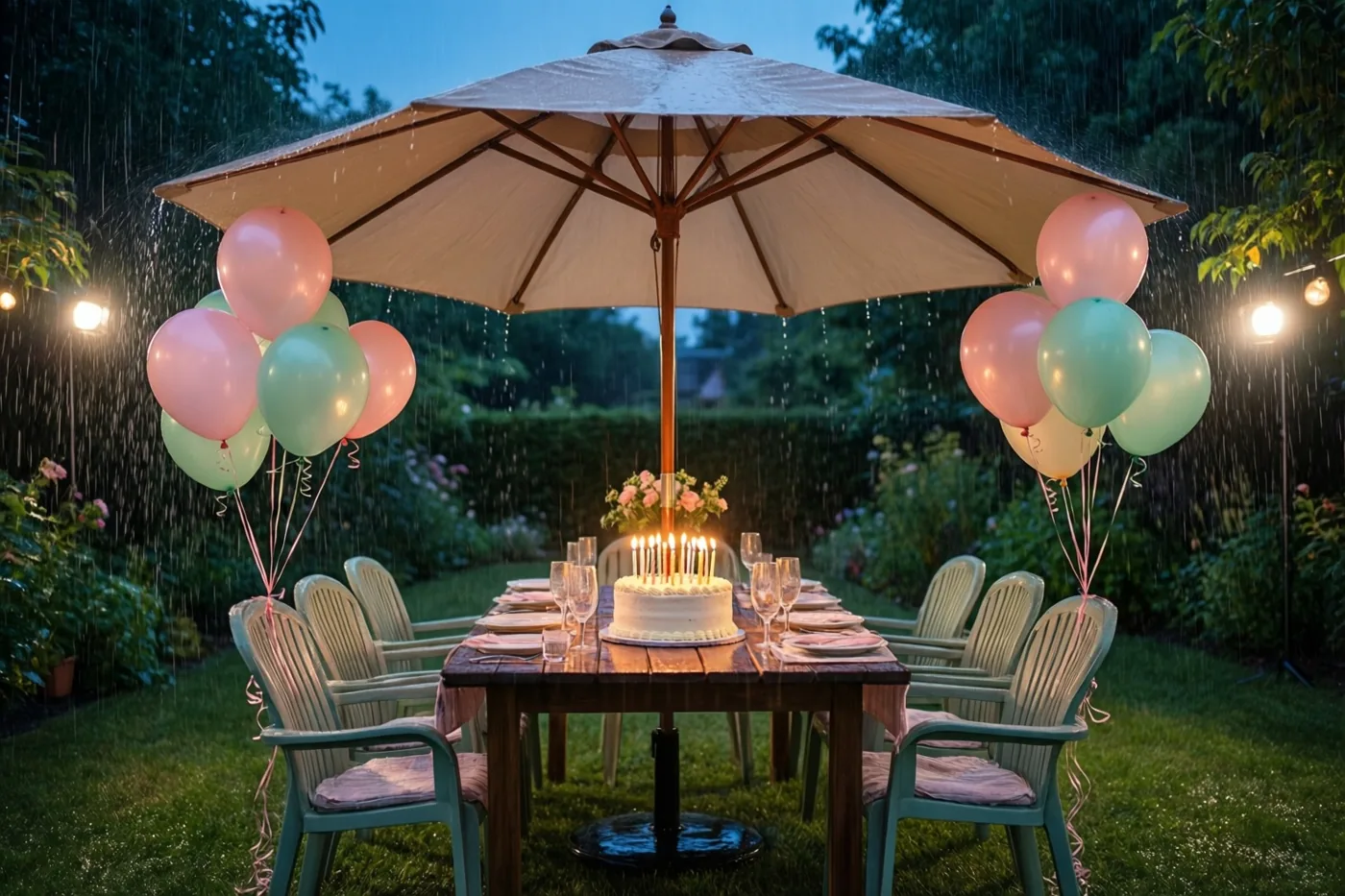 Een tuintafel onder een grote parasol staat in de zomerregen met een taart met brandende kaarsjes, roze en groene ballonnen aan de stoelen en lichtslingers erboven.