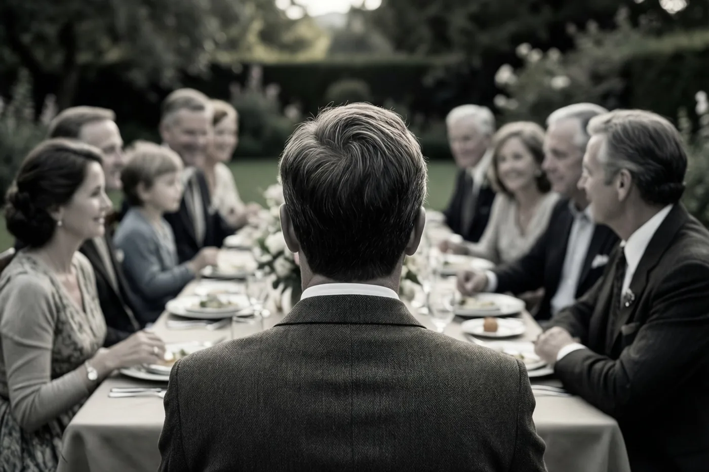 Een groep mensen zit rond een lange tafel in een tuin, gezien van achter een persoon in het midden en weergegeven in gedempte sepiatinten.
