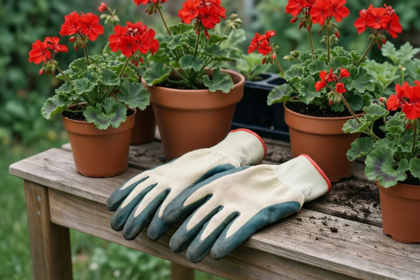 Een paar grote tuinhandschoenen ligt op een houten oppottafel naast verschillende potten met bloeiende rode geraniums, buiten in natuurlijk licht.