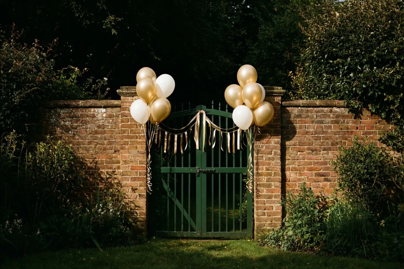 Een groen metalen hek in een bakstenen tuinmuur is versierd met goudkleurige en witte ballonnen en gouden linten, tussen weelderig groen in warm zonlicht.