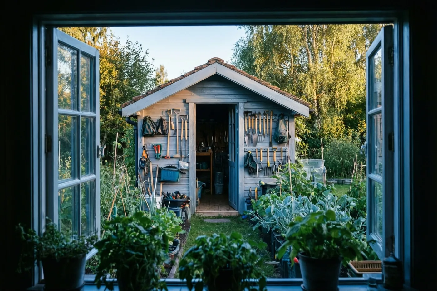 Door een open raam is een houten tuinhuis met hangend gereedschap te zien tussen groene planten in warm goudkleurig licht.