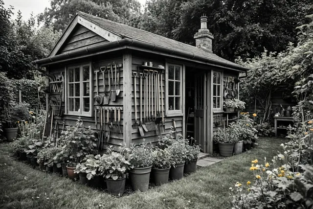Een houten tuinhuis met netjes opgehangen gereedschap staat tussen potplanten op het gras, in zwart-wit met geel gekleurde bloemen.