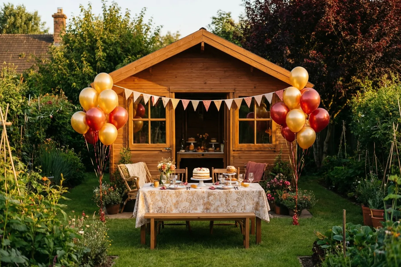 Een houten tuinhuis met rode en gouden ballonnen en een slinger staat achter een gedekte tafel met taart op het gazon in goudkleurig licht.