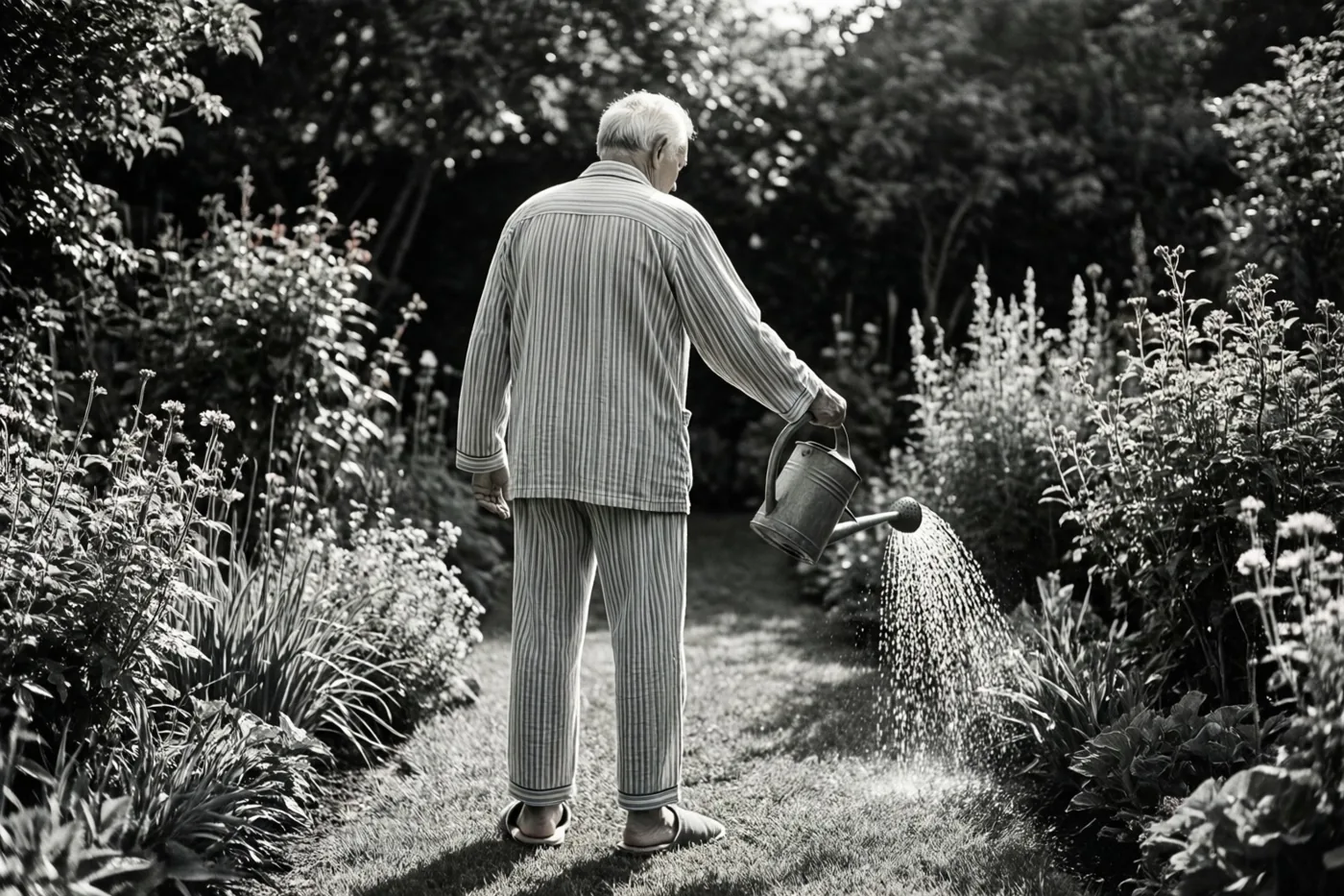 Een zwart-witfoto toont van achteren een oudere man in gestreepte pyjama en pantoffels die planten water geeft in een tuin.