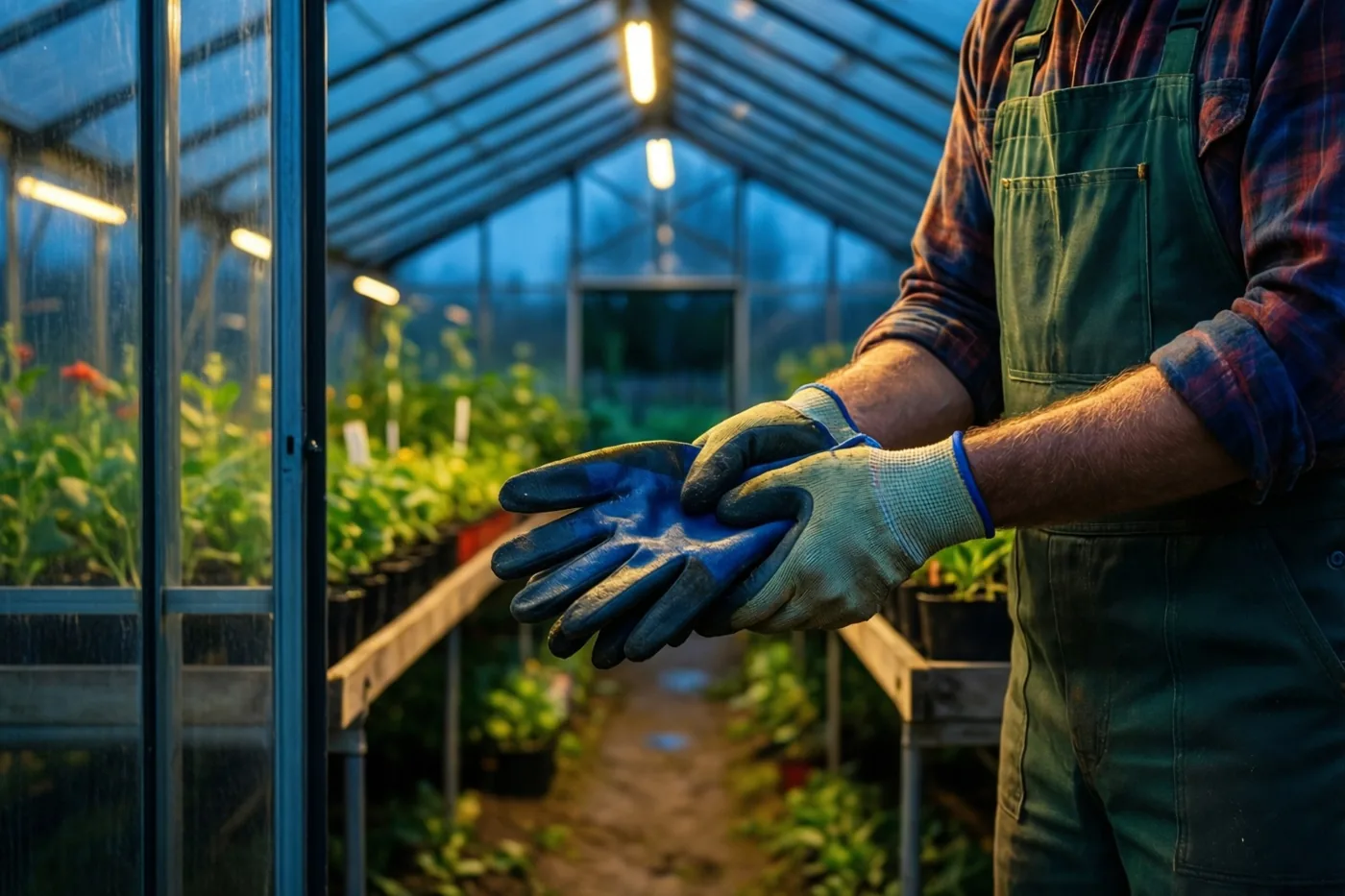 Een tuinier in een serre houdt een nieuwe blauwe werkhandschoen vast en draagt aan de andere hand een versleten handschoen, bij warm licht tegen een koele blauwe achtergrond.