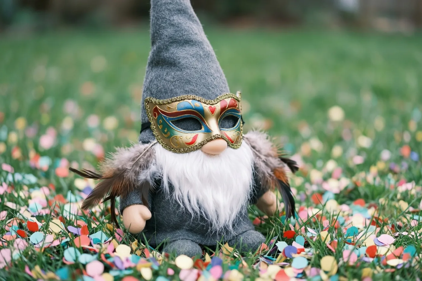 Een tuinkabouter met een kleurrijk carnavalsmasker en een verenboa zit in helder verlicht gras vol veelkleurige confetti tegen een onscherpe achtergrond.