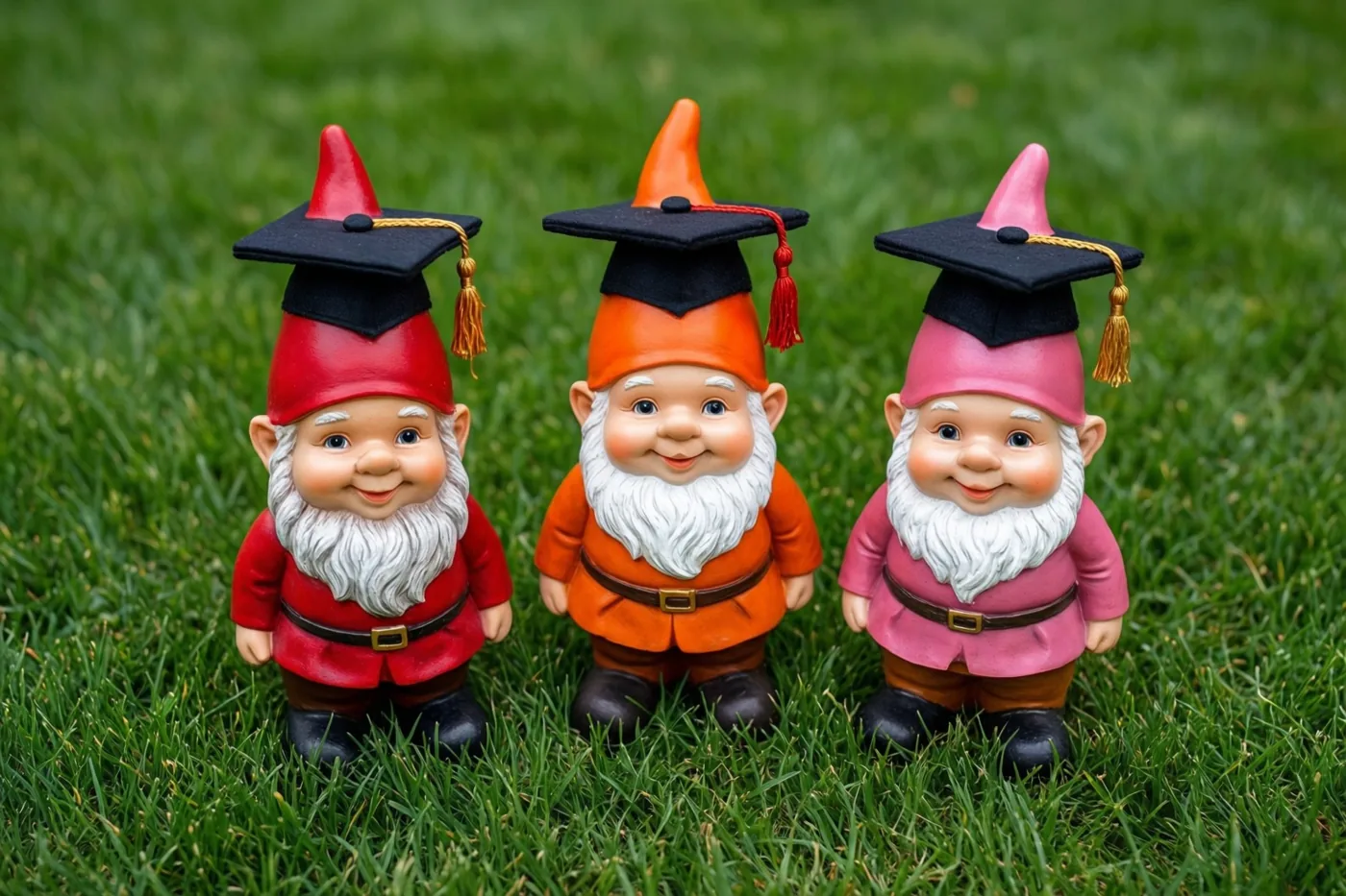 Drie tuinkabouters met afstudeerhoeden staan naast elkaar op een groen gazon, in rode, oranje en roze kleren met witte baarden en zwarte schoenen.