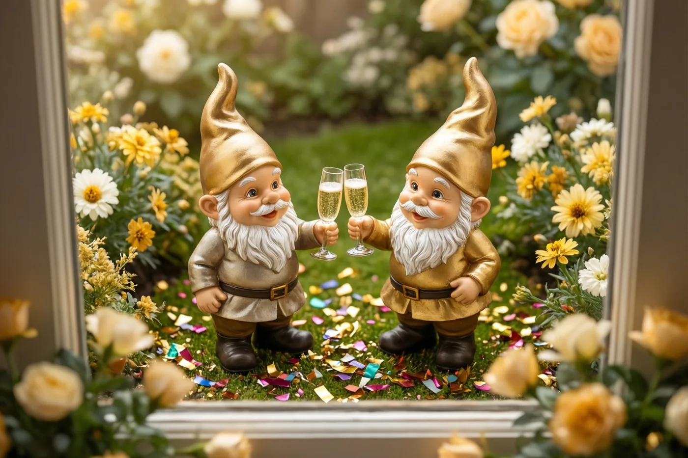 Twee tuinkabouterbeeldjes heffen champagneglazen in een omlijst tafereel met een bloemperk en confetti op het gras, in vooral gouden, groene en witte tinten.