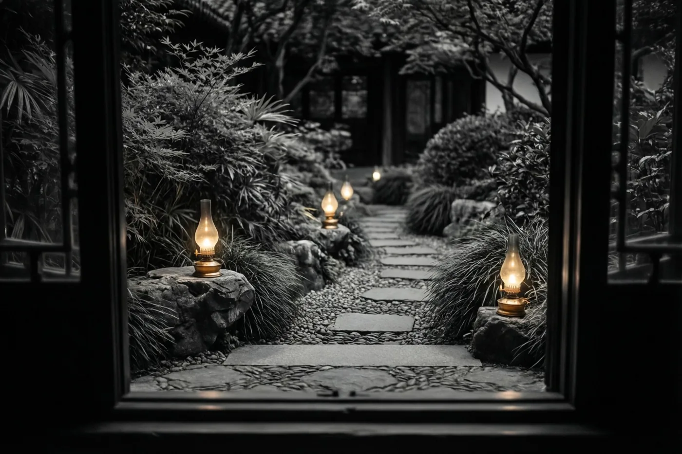 Door een raam is een stenen tuinpad met brandende olielampjes op rotsen te zien in een monochroom nachtbeeld waarin alleen het warme lamplicht kleur geeft.