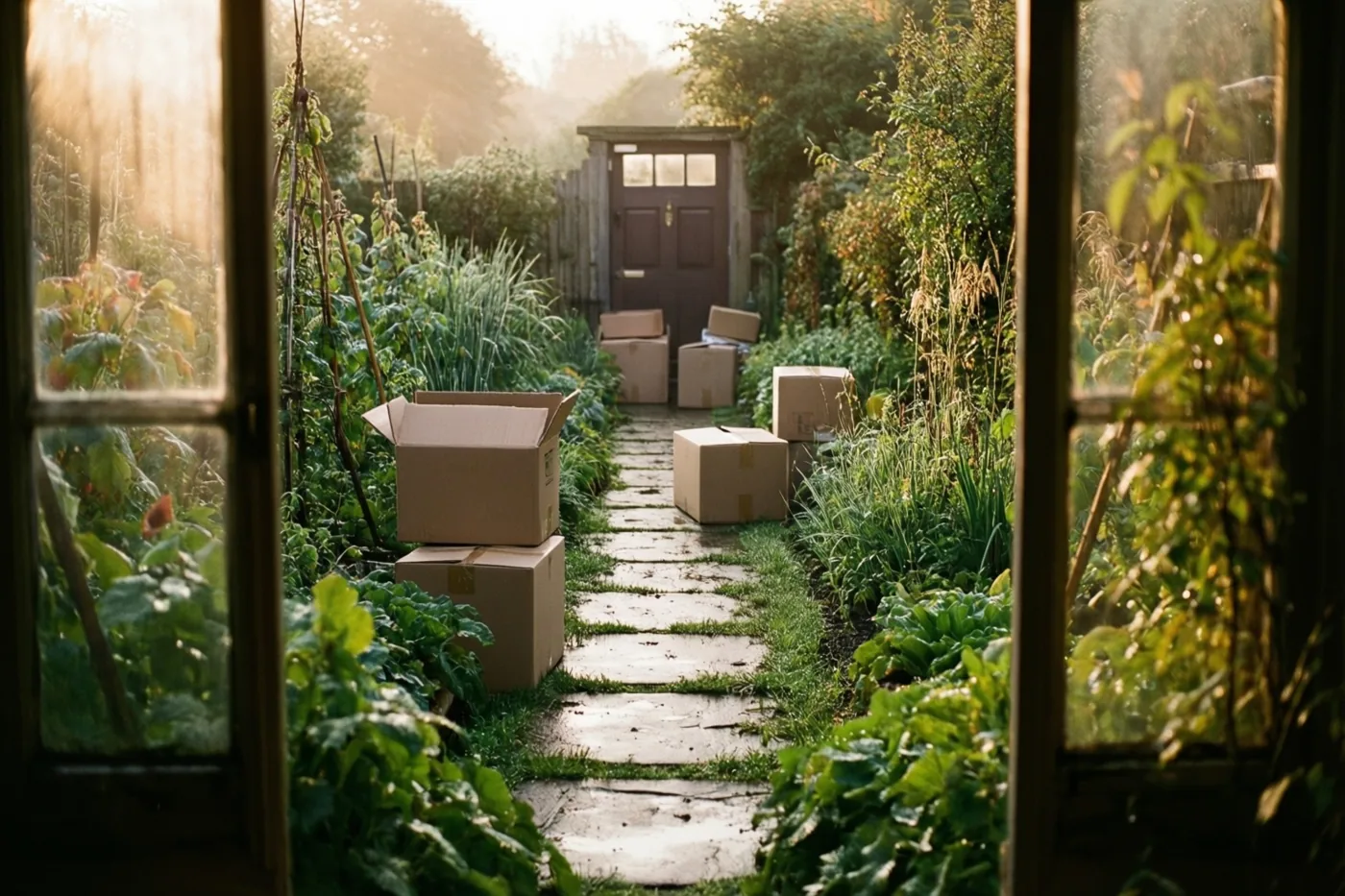 Door een open raamkozijn is een stenen tuinpad met verhuisdozen te zien dat tussen groene planten naar een houten achterdeur leidt in warm ochtendlicht.