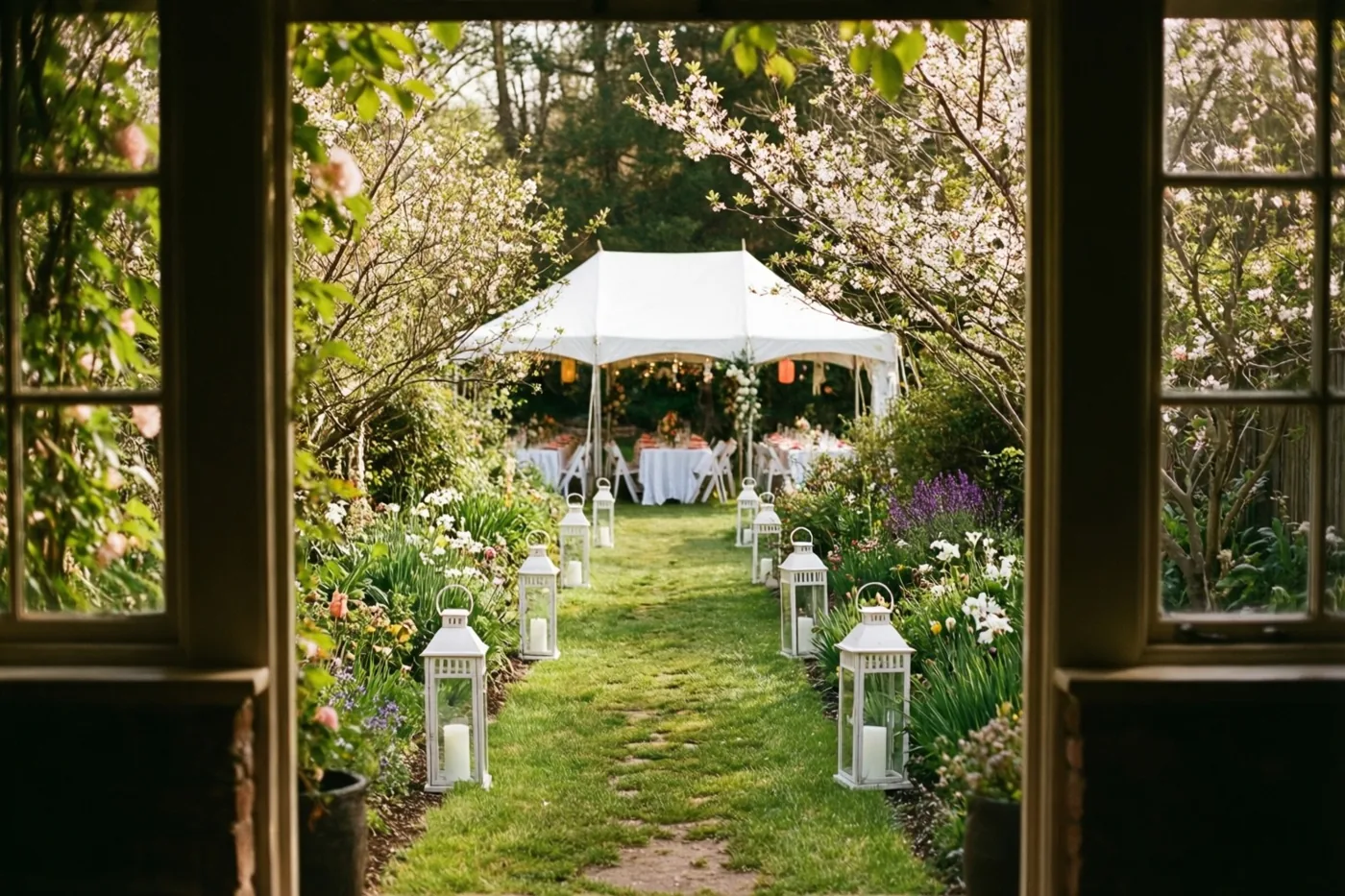 Door een raamkozijn is een tuinpad met witte lantaarns en lentebloemen te zien dat naar een witte feesttent leidt, tussen groen gras en bloeiende bomen.