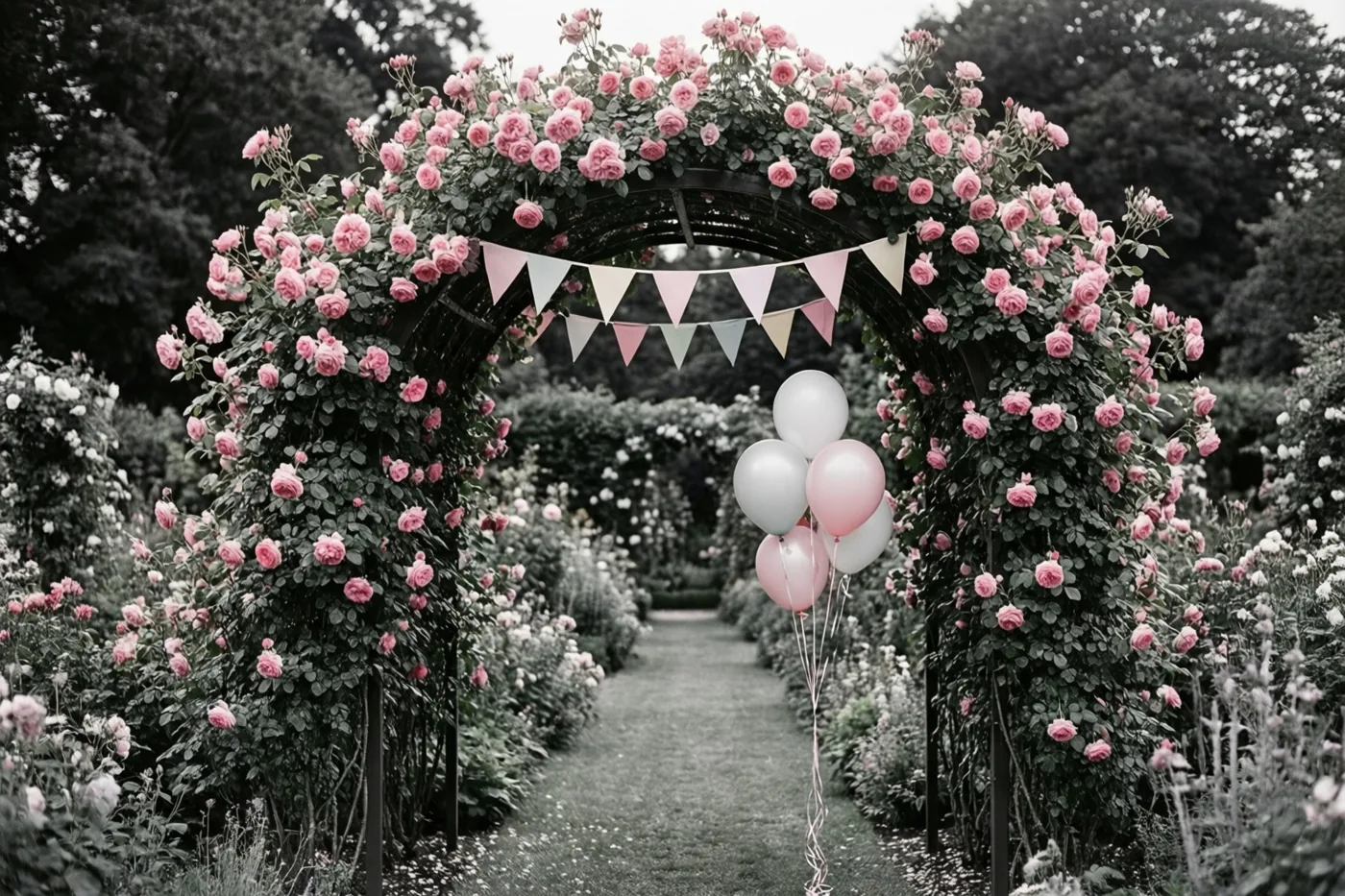 Een tuinpad loopt onder een boog met roze klimrozen, papieren vlaggetjes en roze en witte ballonnen door, in een weelderige tuin.