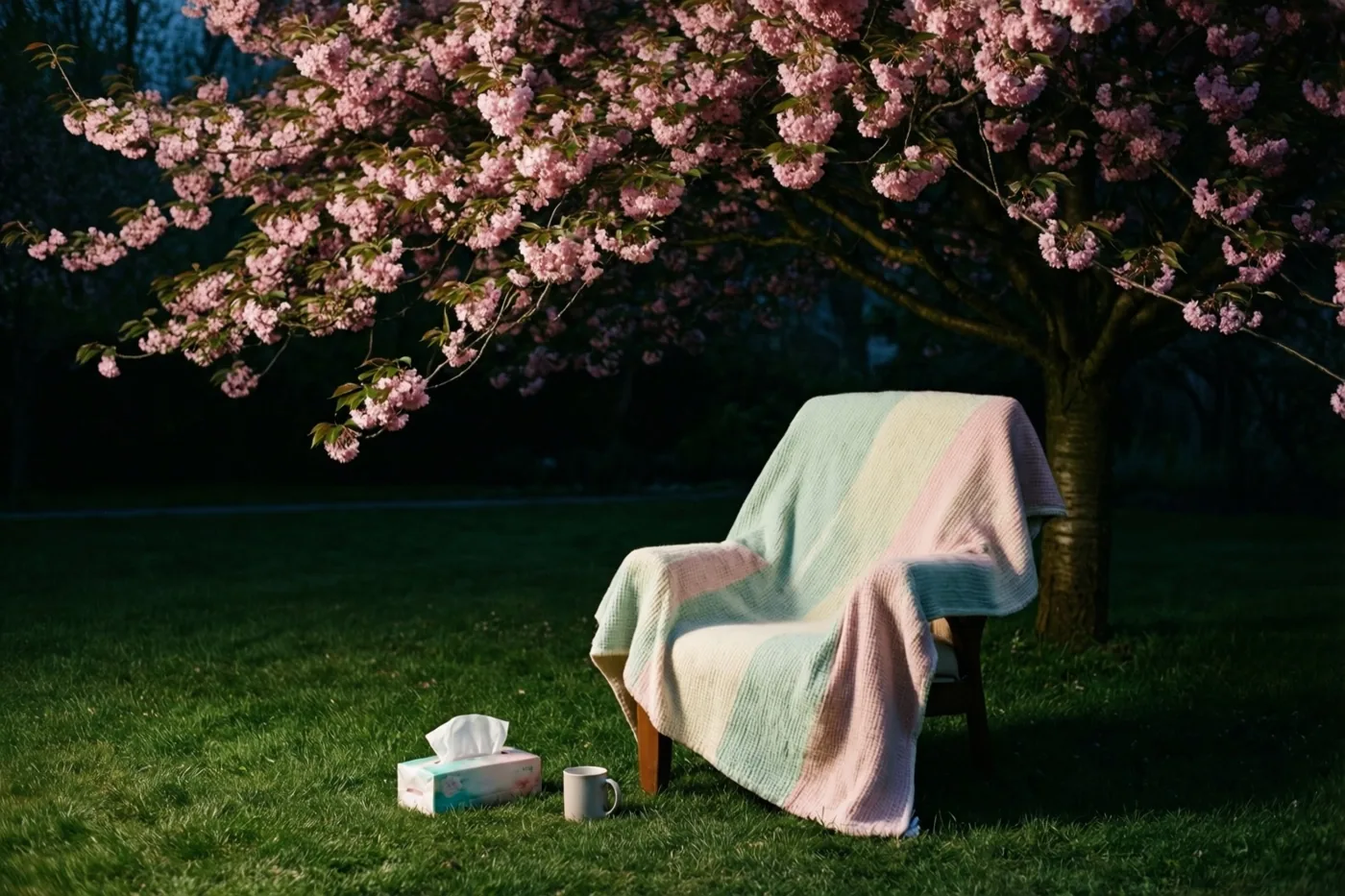 Een tuinstoel met een gestreepte deken in pastelkleuren staat onder een bloeiende kersenboom in zacht schemerlicht, met een doos zakdoekjes en een mok op het gras.