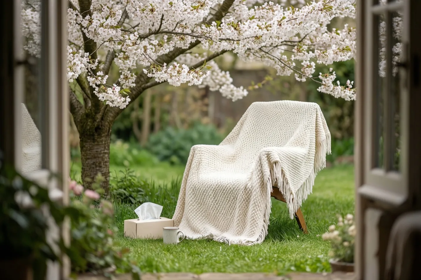 Door een open raam is een tuinstoel met een crèmekleurige gebreide deken te zien onder een bloeiende kersenboom, met een doos zakdoekjes en een mok op het gras.