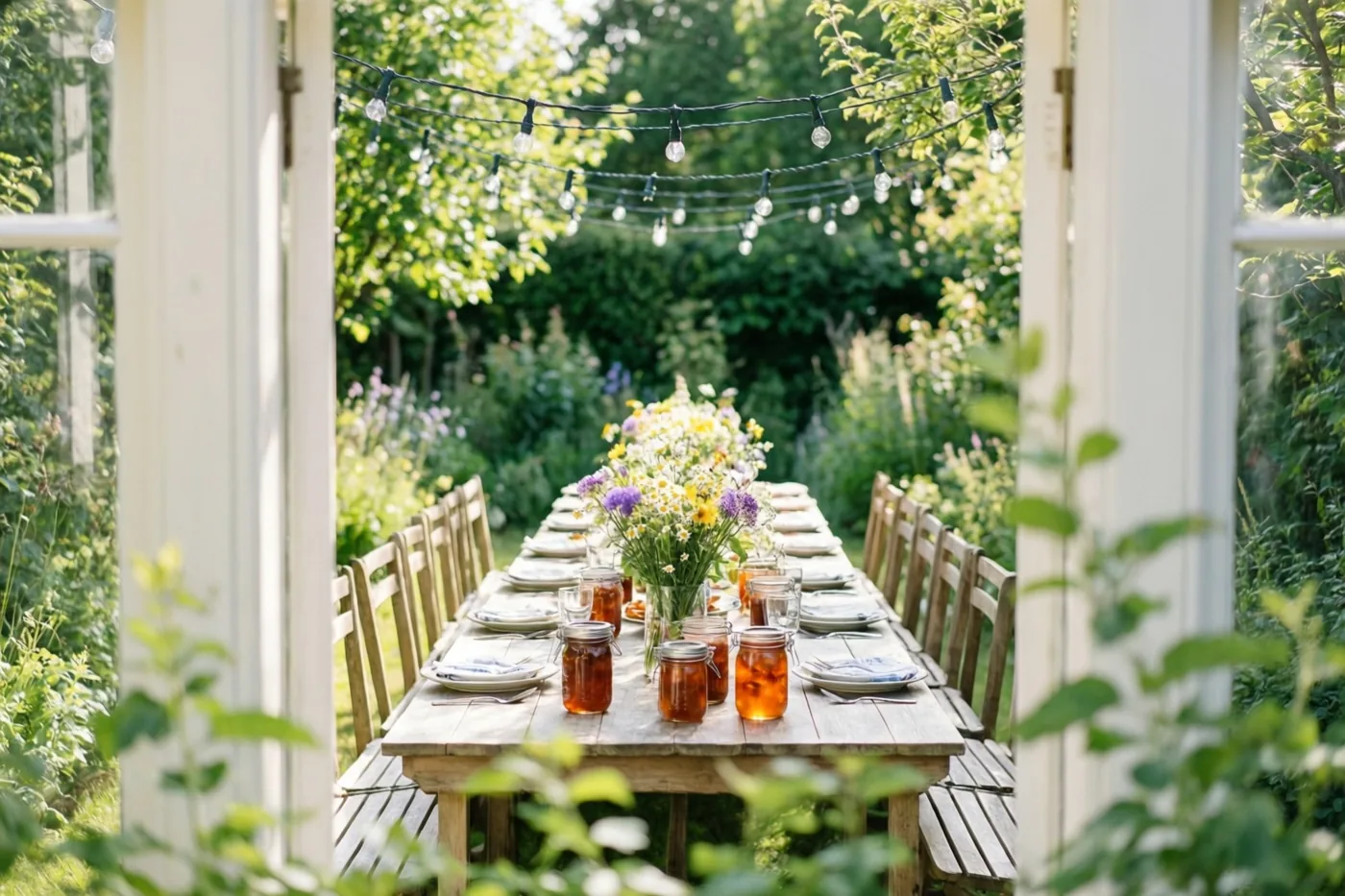Door een open deuropening is een lange gedekte houten tuintafel te zien met wilde bloemen in confituurpotten, lichtslingers erboven en groen eromheen in het zonlicht.