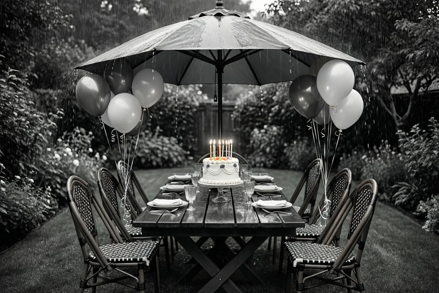 Op een zwart-witfoto staat een tuintafel onder een grote parasol in de zomerregen, met een taart met brandende kaarsjes en ballonnen aan de stoelen.