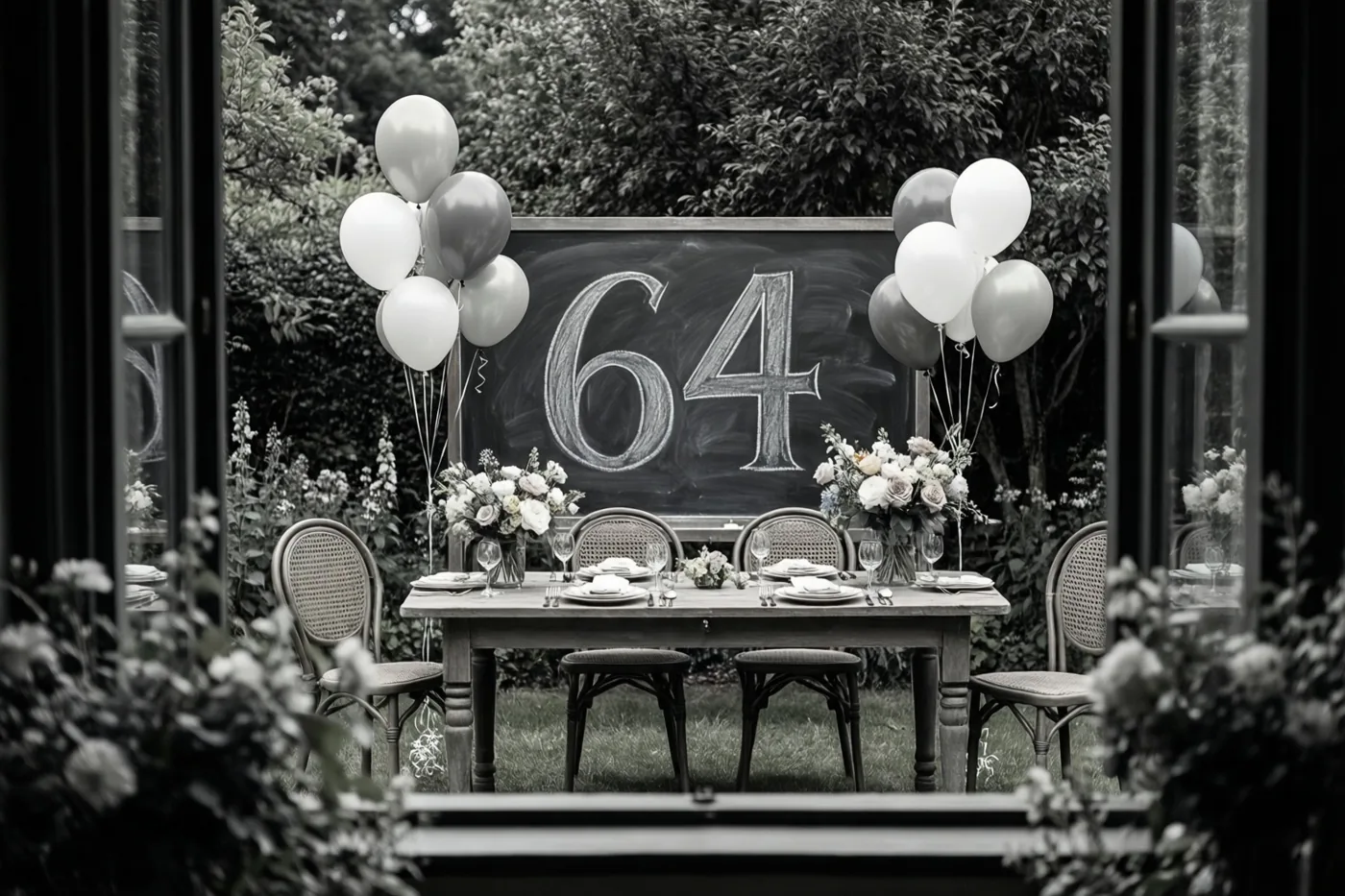 Een zwart-witfoto toont door een raam een gedekte tuintafel met een krijtbord waarop 64 staat, bloemen en ballonnen.