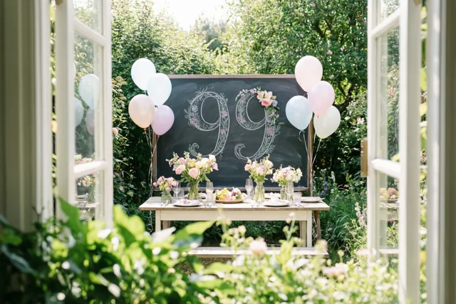 Door een open raam is een feestelijk gedekte tuintafel te zien met een krijtbord waarop 99 staat, bloemversieringen, ballonnen en groen rondom.