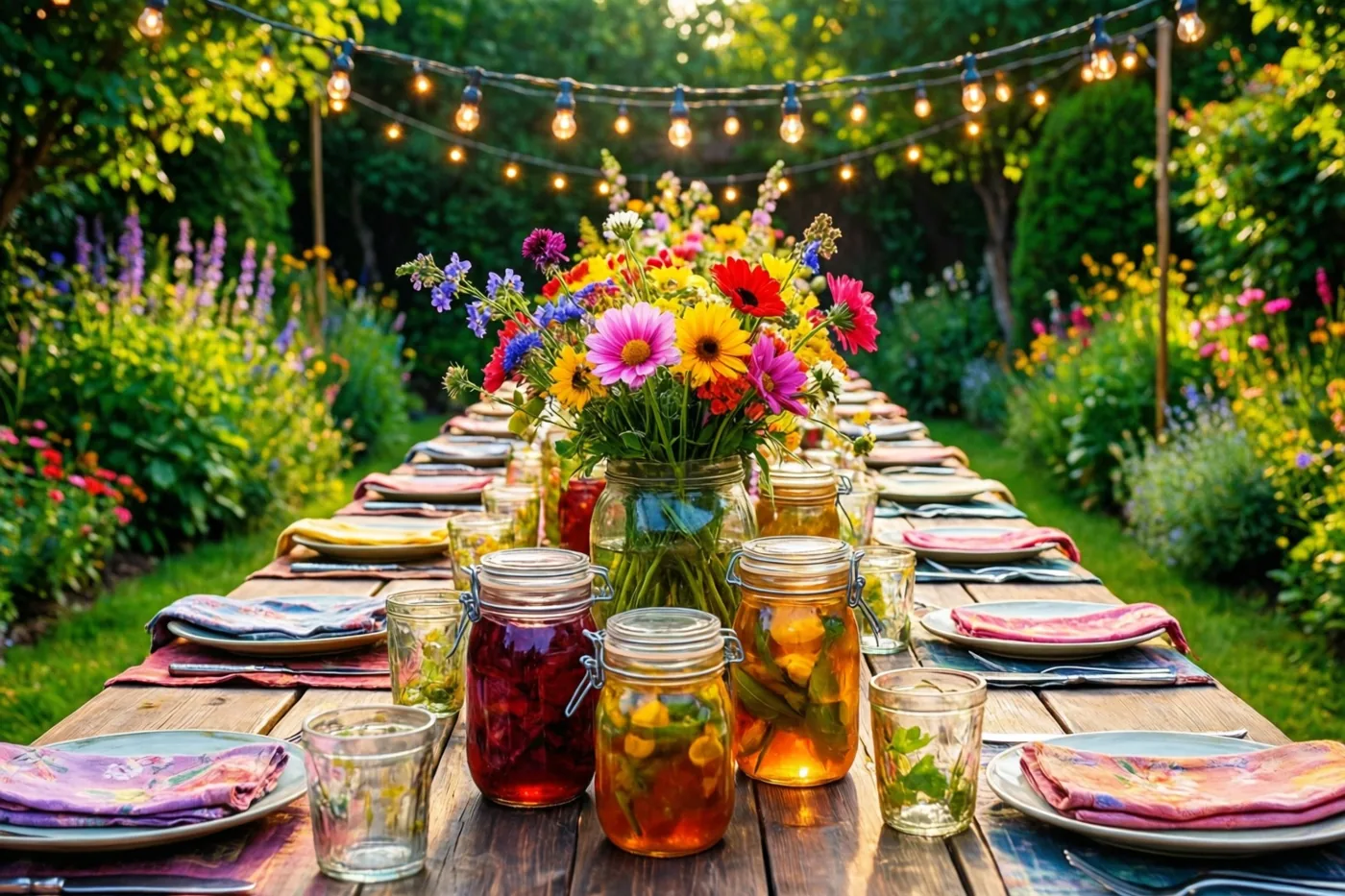Een lange houten tuintafel met borden, kleurrijke servetten, potten met drank en een bloemstuk staat onder lichtslingers tussen groen en wilde bloemen in gouden zonlicht.