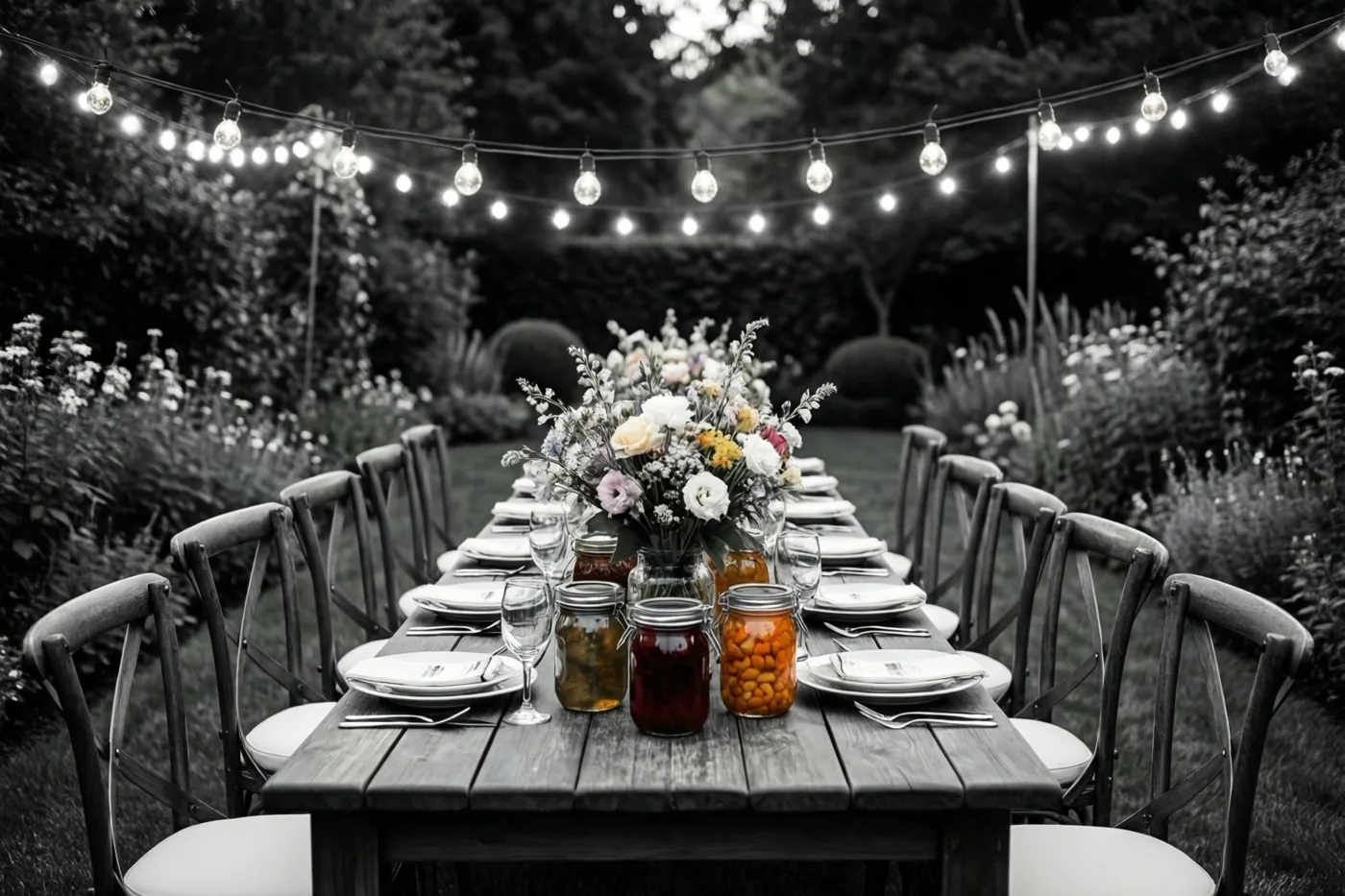 Een lange gedekte houten tuintafel onder lichtslingers is in zwart-wit afgebeeld, behalve het kleurrijke bloemstuk en de potten met ingemaakte producten.