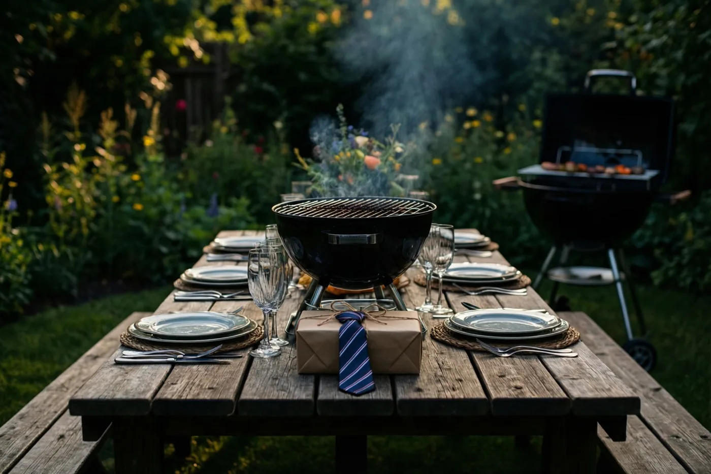 Een lange houten tafel met borden en glazen staat tussen het groen bij een rokende zwarte barbecue, met een cadeau in bruin papier en een blauw-witgestreepte das als label.