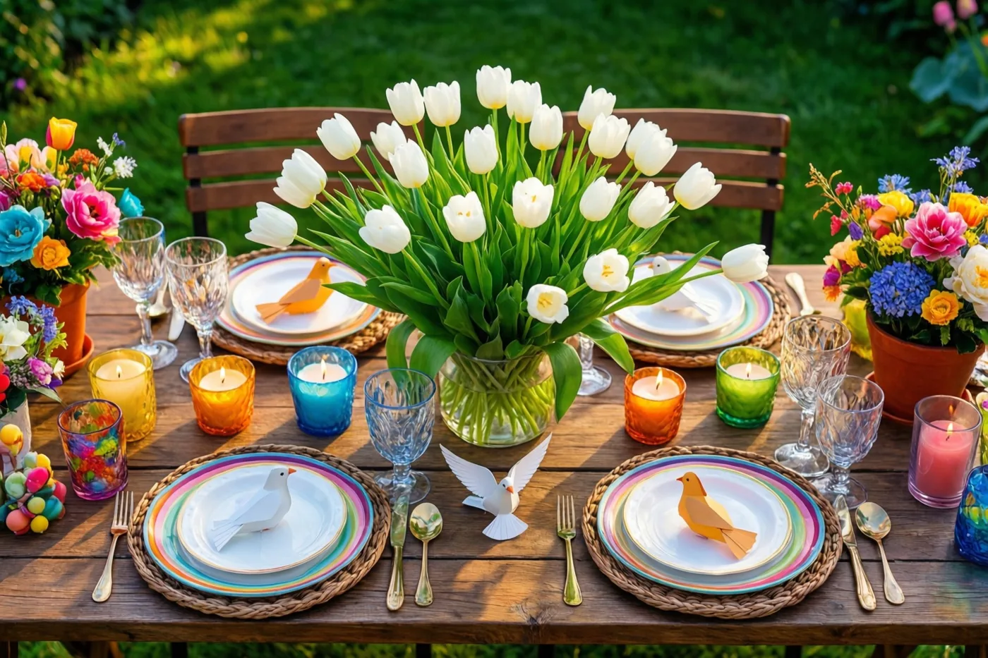 Een houten tuintafel is gedekt met witte tulpen in een vaas, kleurrijke kaarsen en papieren duiven op borden, met groen gras op de achtergrond.