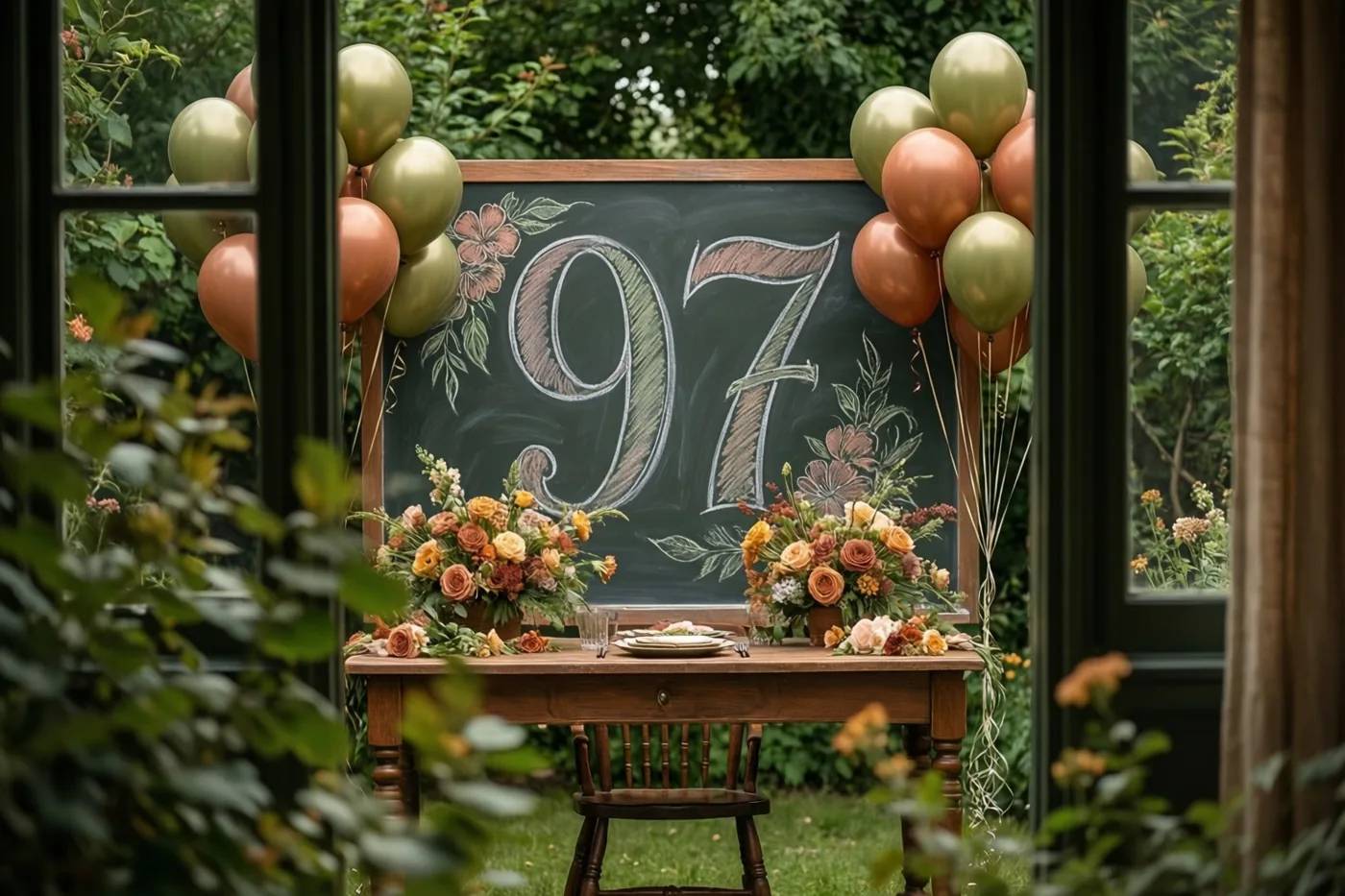 Door een raam is een tuintafel te zien met twee bloemstukken, een krijtbord met 97 en groepjes groene en koperkleurige ballonnen, omgeven door groen.
