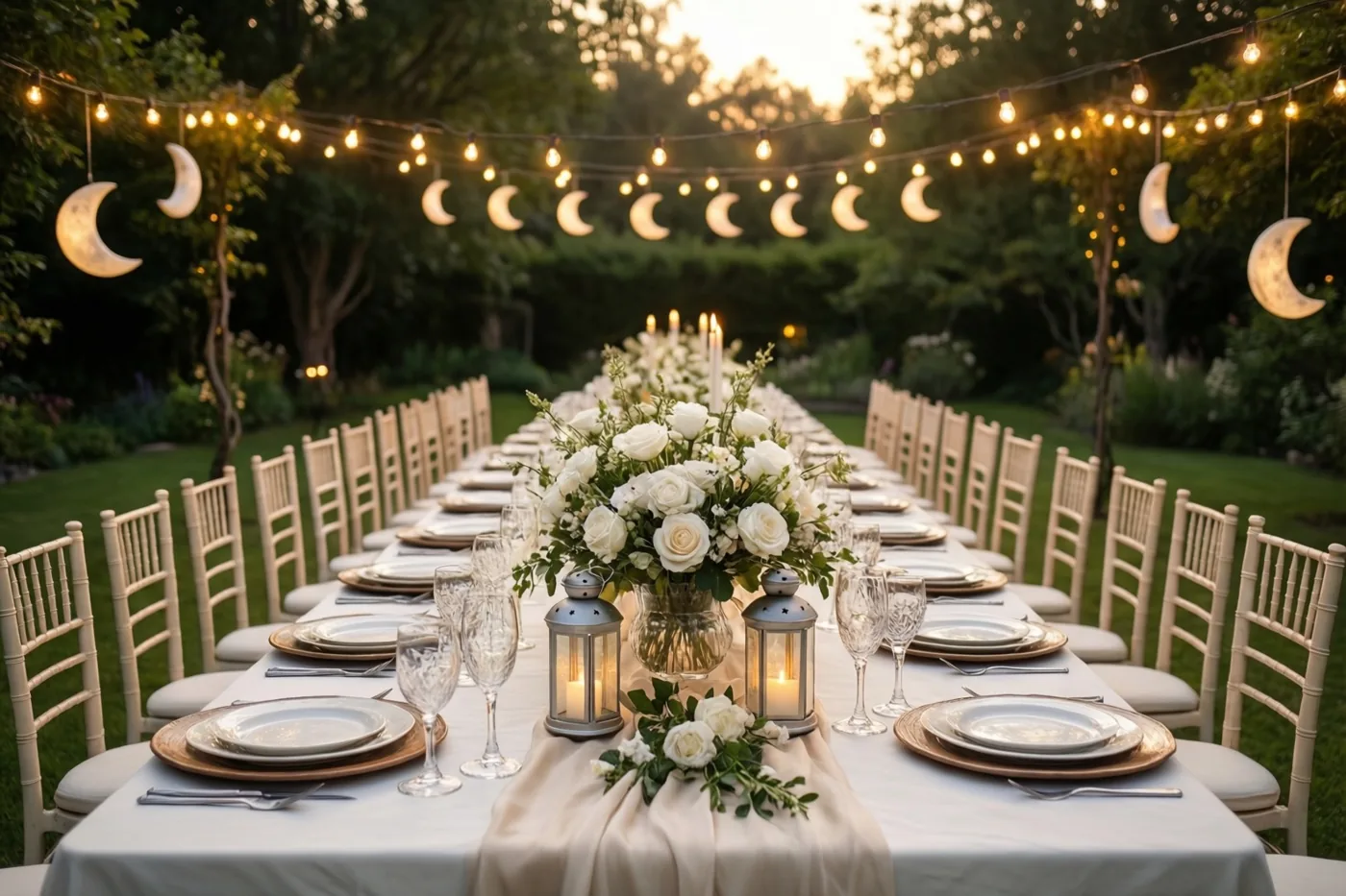 Een lange tafel in een tuin is versierd met witte rozen, lantaarns en lichtslingers in de vorm van maansikkels, met groene bomen in het laatste daglicht op de achtergrond.