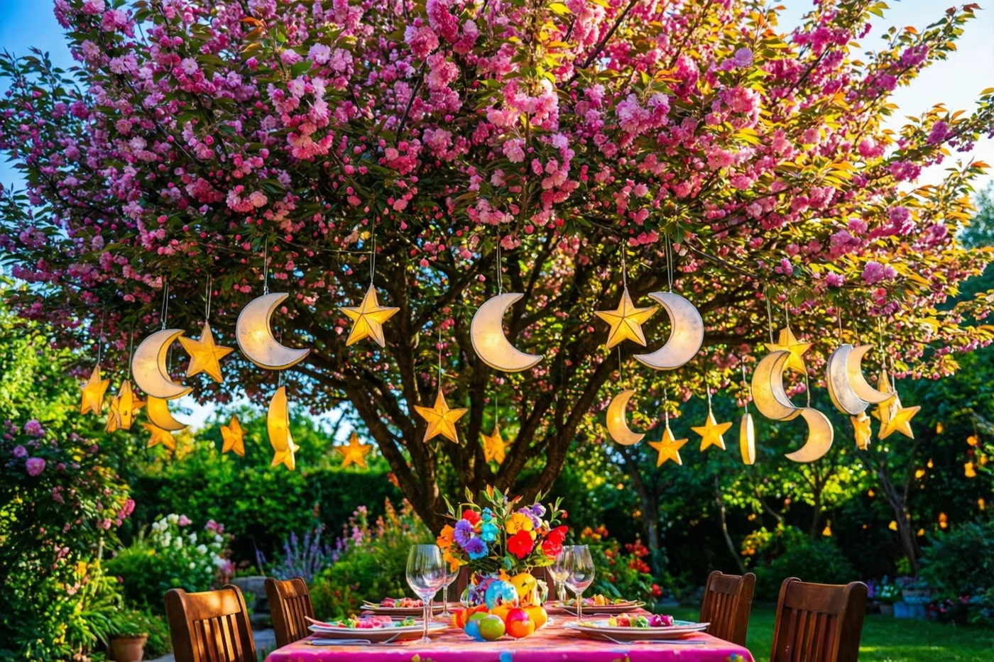 Een feestelijk gedekte tuintafel staat onder een boom met roze bloesems en lantaarns in de vorm van halve manen en sterren, met warm zonlicht en weelderig groen op de achtergrond.