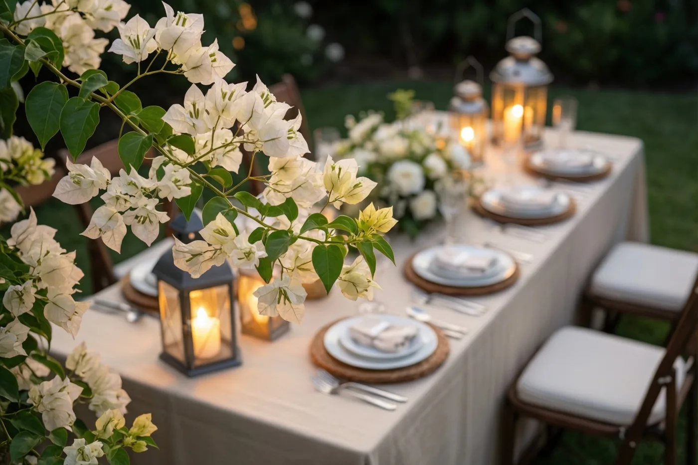 Een feestelijk gedekte tuintafel staat bij schemering onder bloeiende witte bougainvillea, in het warme licht van lantaarns.
