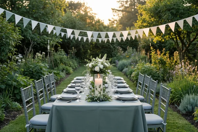 Een lange gedekte tafel met een witte kaars en grijze stoelen staat onder witte driehoekige vlaggetjes in een groene tuin met zonlicht tussen de bomen.