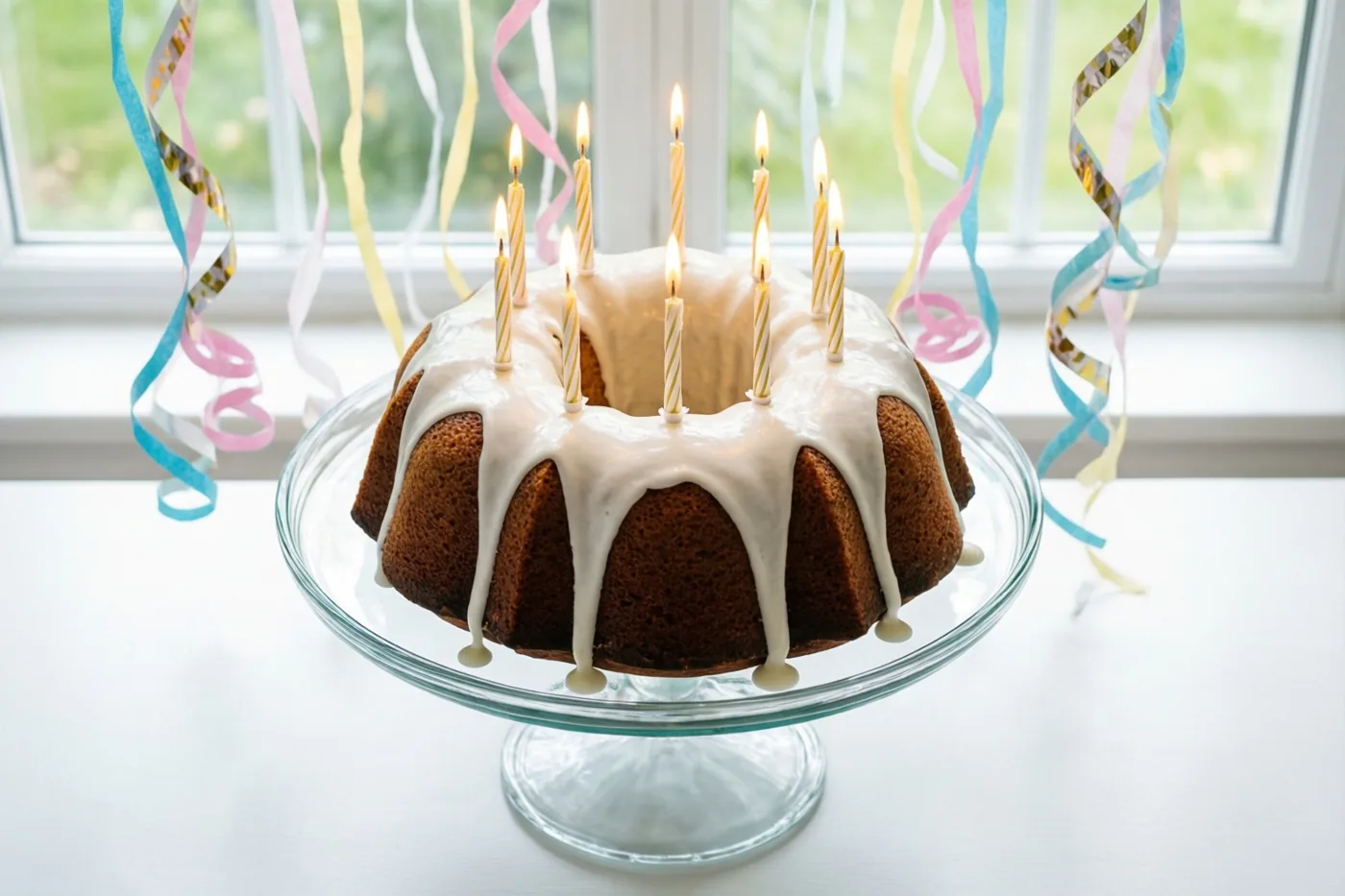 Een tulbandcake met afdruipend wit glazuur en brandende kaarsen staat op een glazen taartstandaard bij een raam, met kleurrijke papieren slingers erachter.