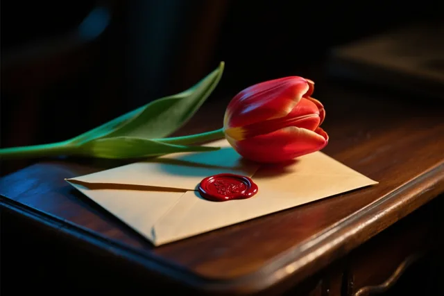 Een rode tulp met groene bladeren ligt op een crèmekleurige envelop met een rood lakzegel op een donker houten bureau in warm, contrastrijk licht.