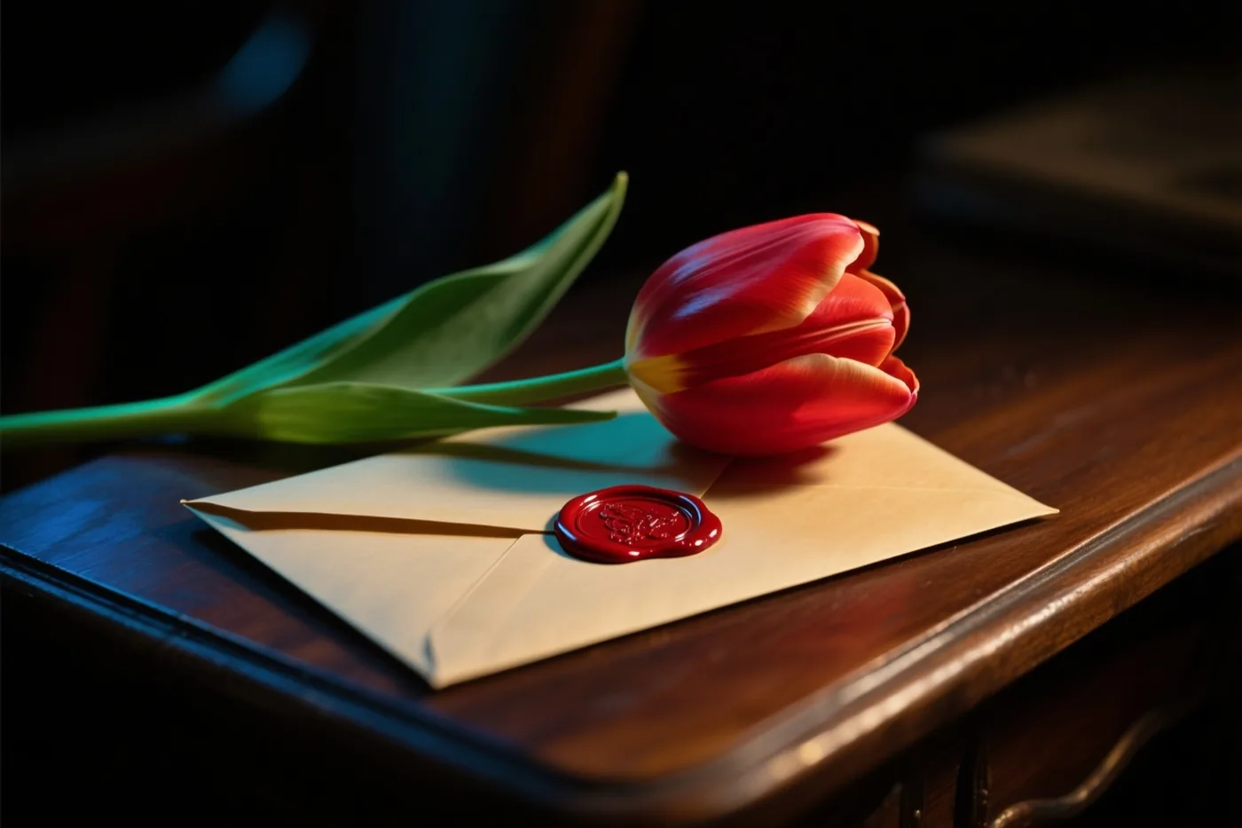 Een rode tulp met groene bladeren ligt op een crèmekleurige envelop met een rood lakzegel op een donker houten bureau in warm, contrastrijk licht.