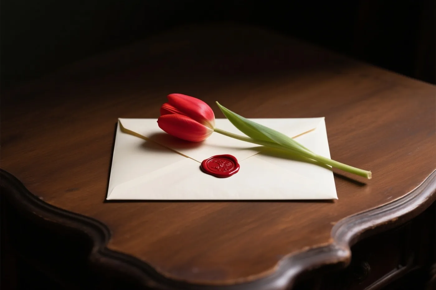 Een rode tulp ligt dwars over een crèmekleurige envelop met een rood lakzegel op een donker houten bureau in zacht licht.